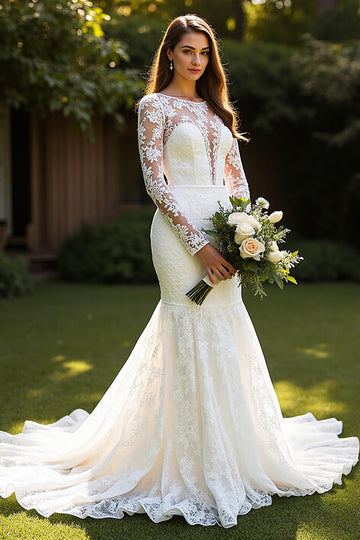 Lace Mermaid Bateau Court Train Ivory Wedding Dress with Appliques